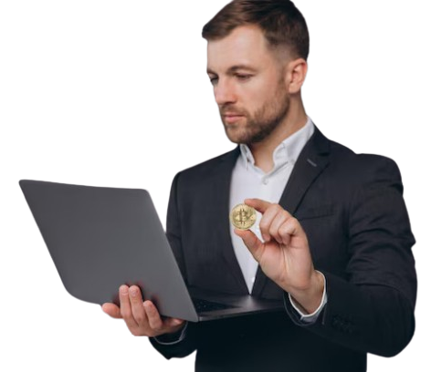 closeup portrait cheerful businessman showing bitcoin while holding laptop computer isolated gray background_1429 20893 removebg preview